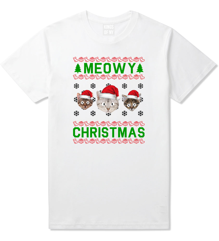 Meowy Christmas Cat Funny Ugly White Mens T-Shirt