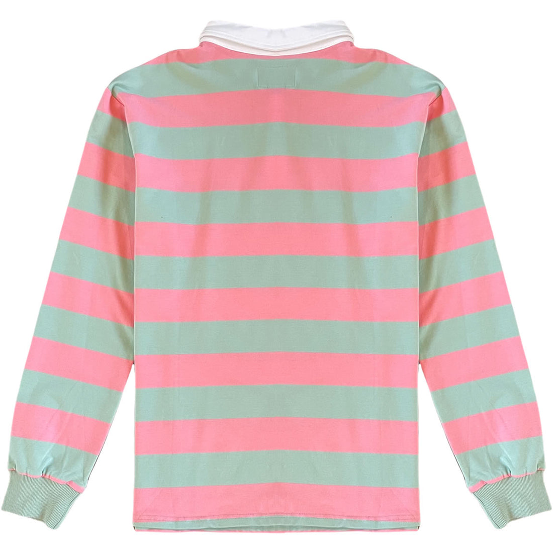 Pastel Pink and Mint Green White Striped Mens Long Sleeve Rugby Shirt