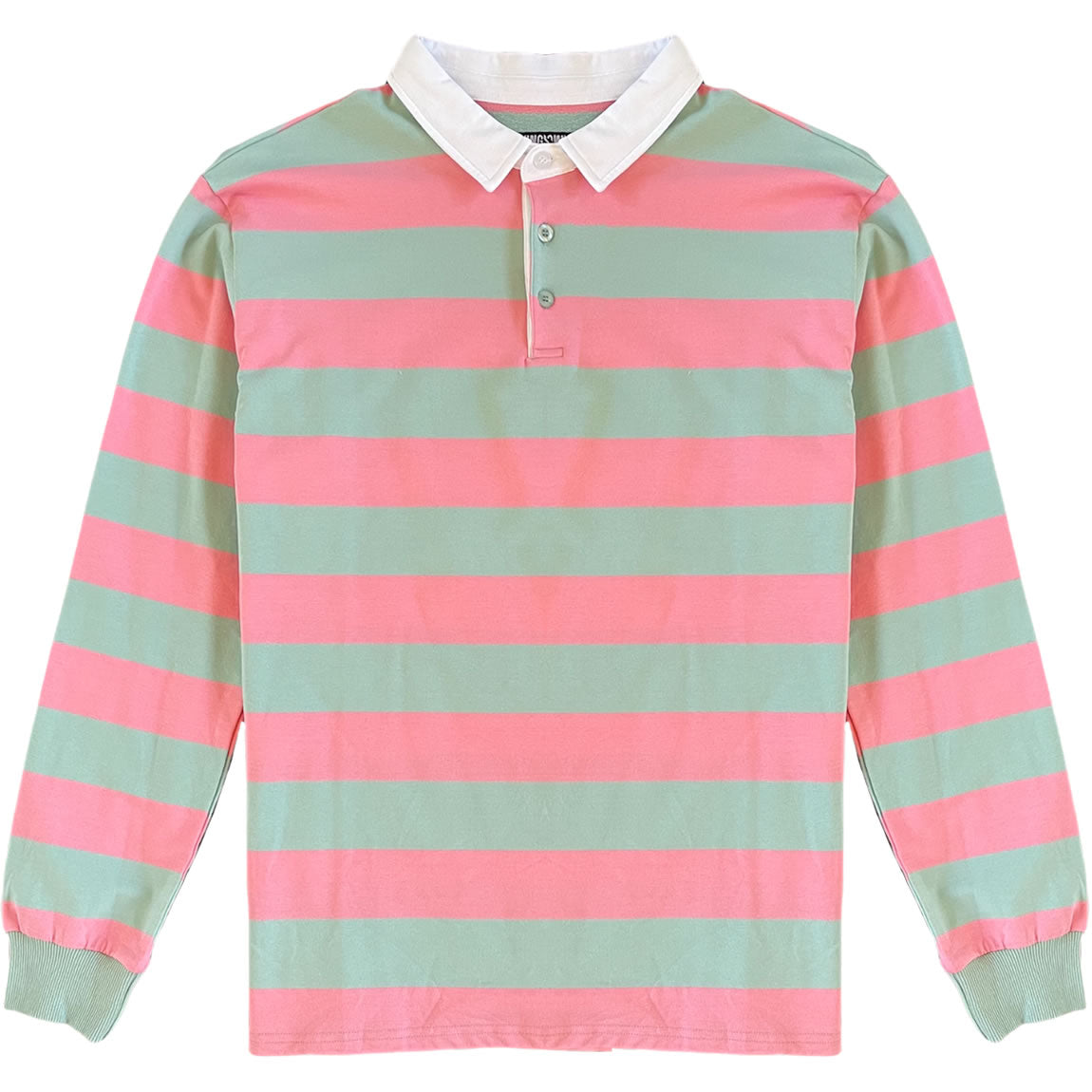 Pastel Pink and Mint Green White Striped Mens Long Sleeve Rugby Shirt