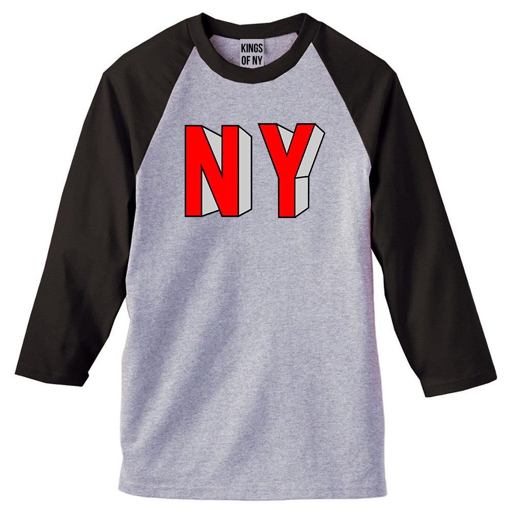 NY Block Letters 3/4 Sleeve Raglan T-Shirt in Grey