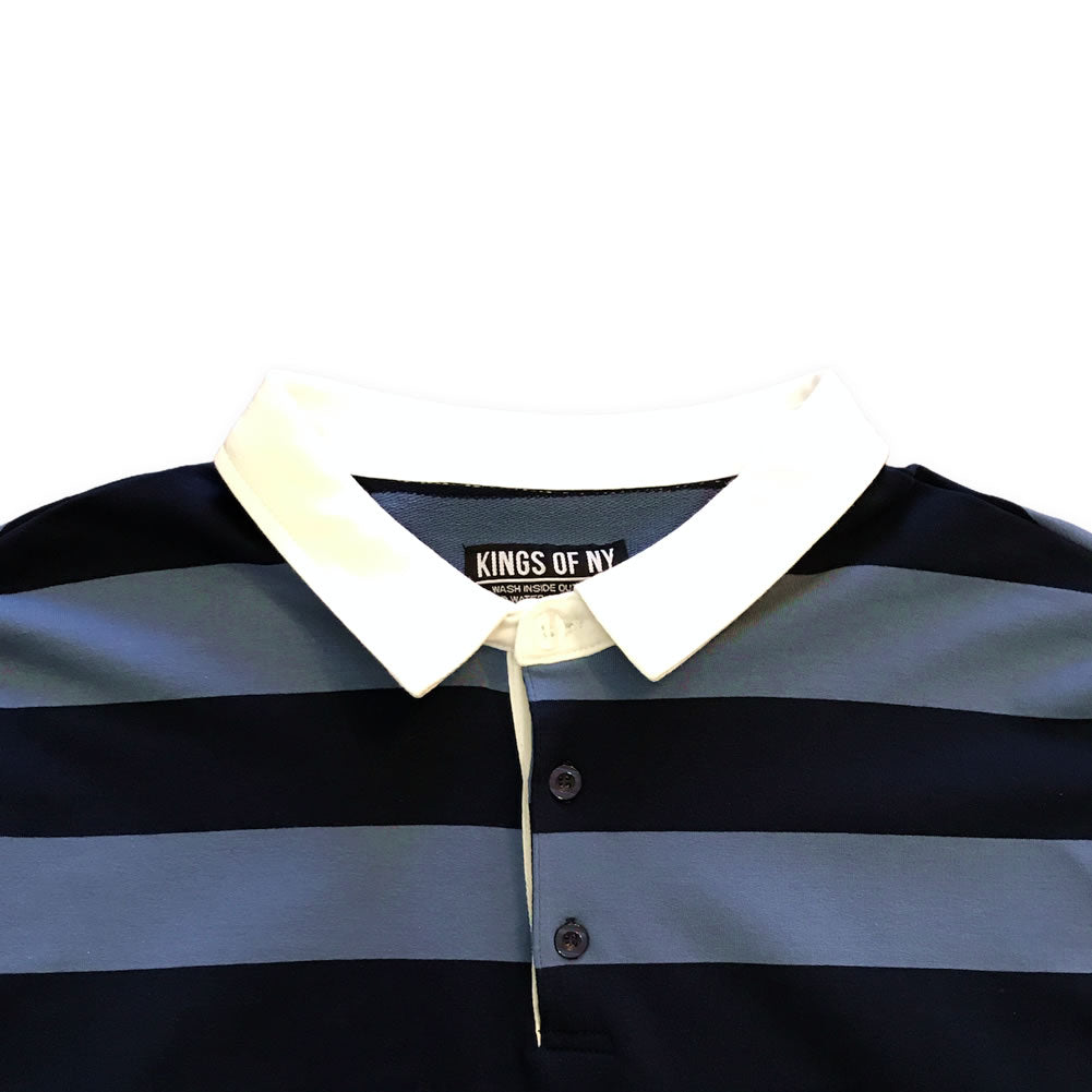 Navy Blue And Light Blue Striped Mens Long Sleeve Rugby Shirt Detail