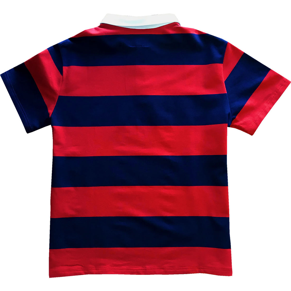 Navy Blue and Red Short Sleeve Striped Men's Rugby Shirt Back