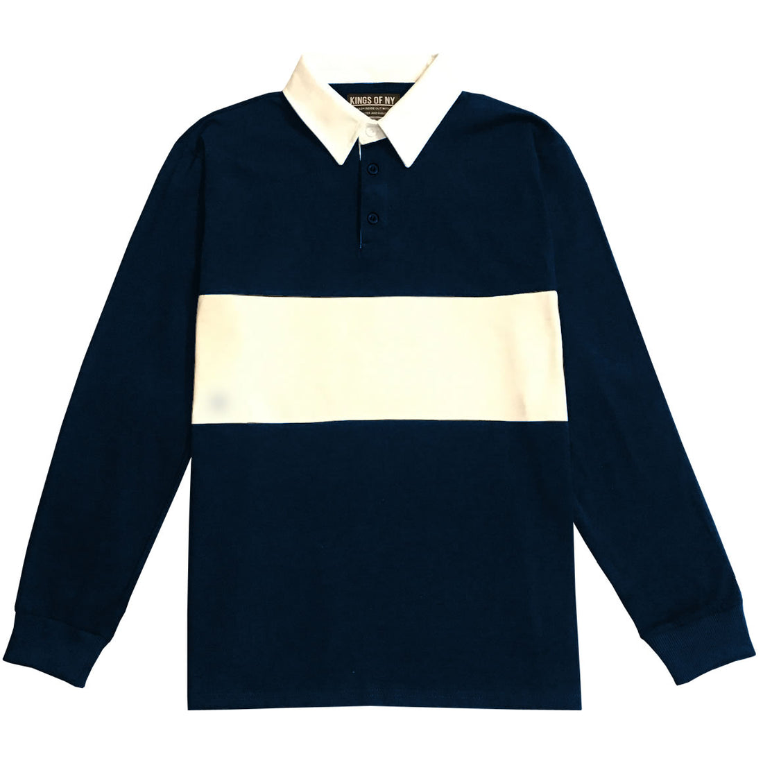 Mens Navy Blue and White Striped Long Sleeve Polo Rugby Shirt
