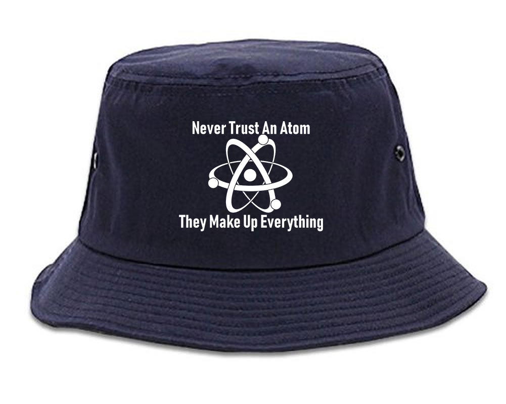 Never Trust An Atom They Make Up Everything Funny Mens Bucket Hat Navy Blue