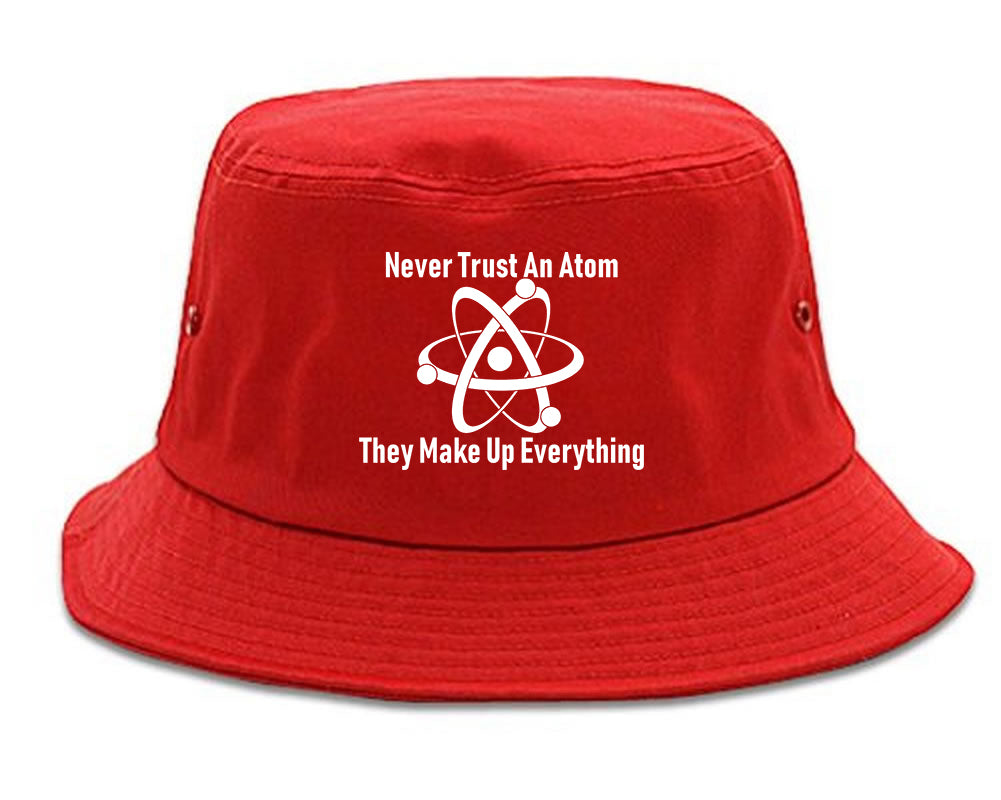 Never Trust An Atom They Make Up Everything Funny Mens Bucket Hat Red