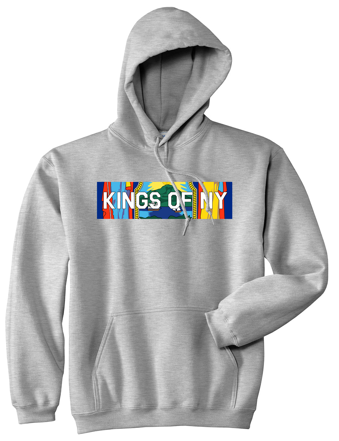 New York Flag Box Logo Mens Pullover Hoodie Grey