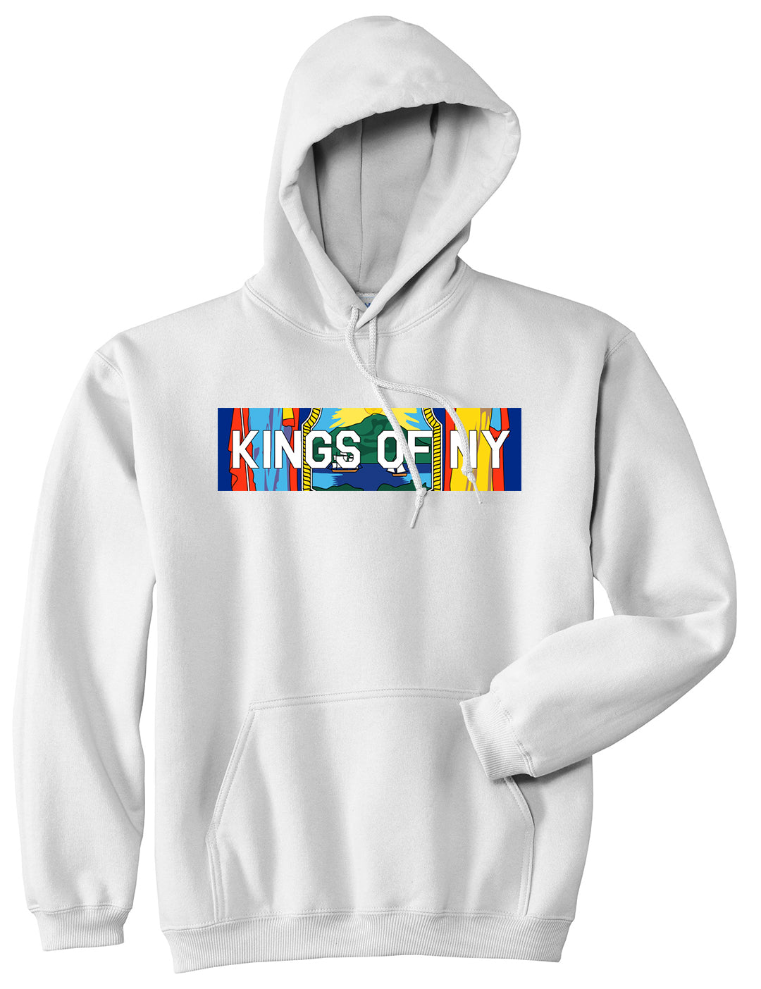 New York Flag Box Logo Mens Pullover Hoodie White