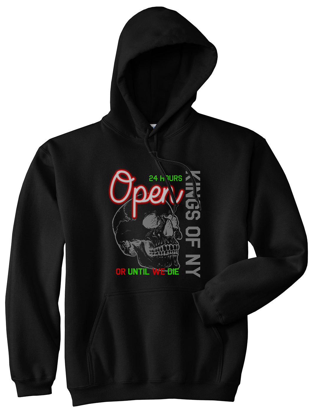 Open 24 Hours Sign Skull Mens Pullover Hoodie Black by Kings Of NY