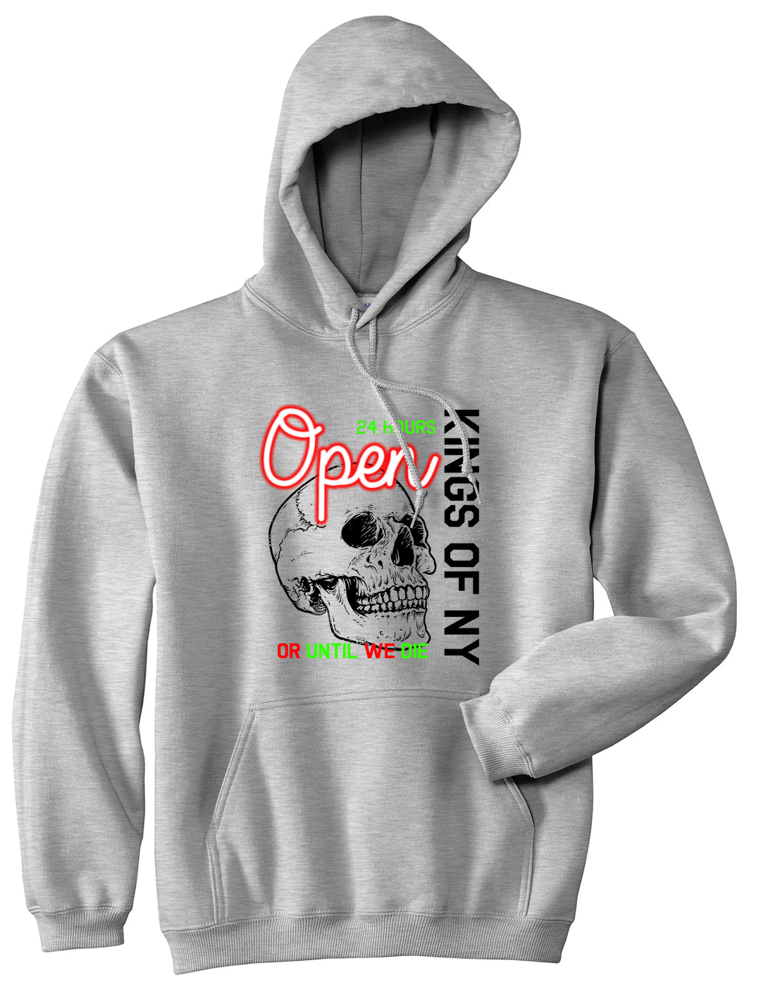 Open 24 Hours Sign Skull Mens Pullover Hoodie Grey by Kings Of NY