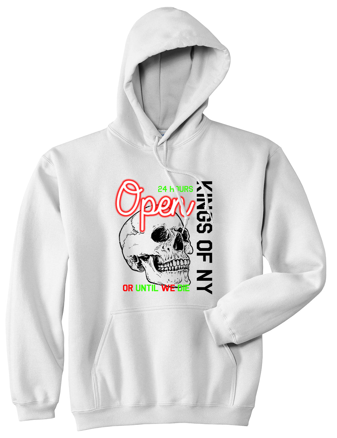 Open 24 Hours Sign Skull Mens Pullover Hoodie White by Kings Of NY