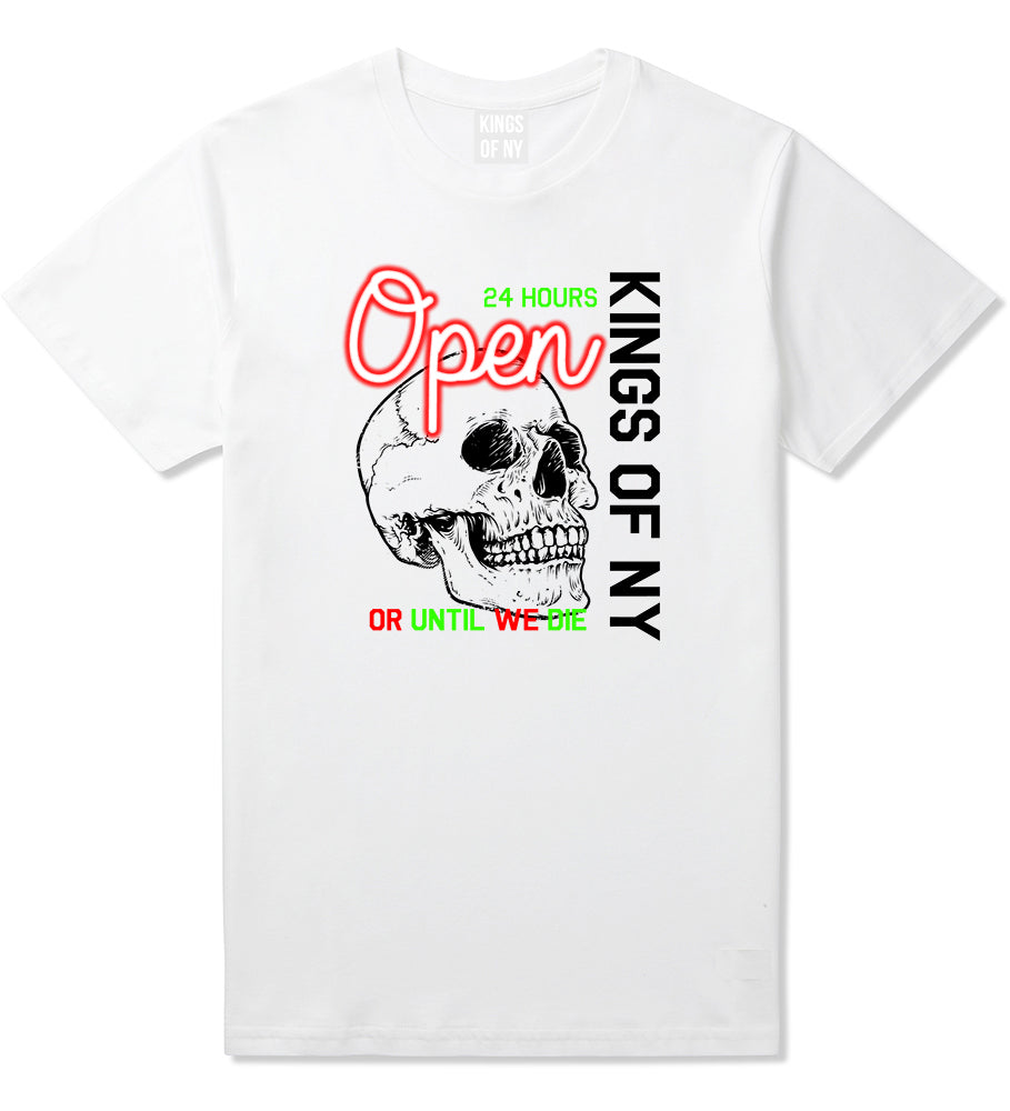 Open 24 Hours Sign Skull Mens T-Shirt White by Kings Of NY