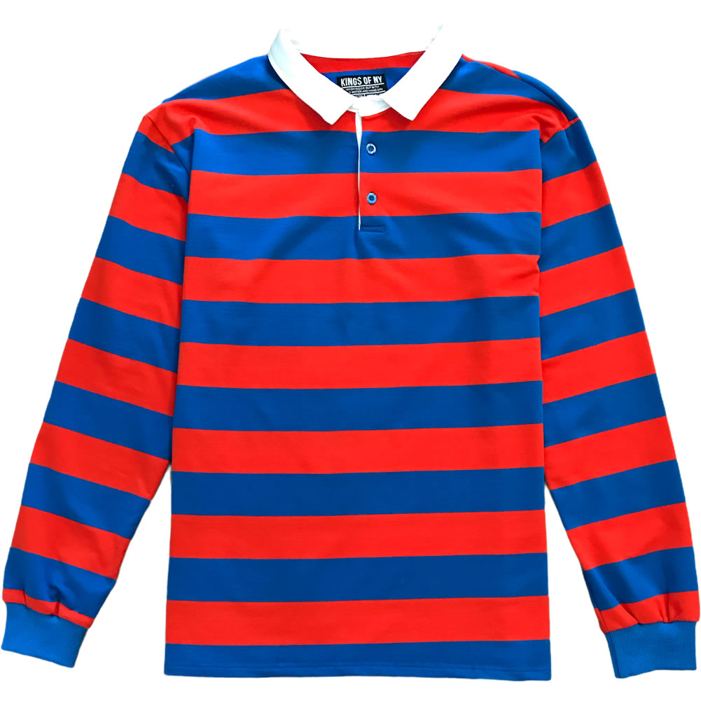 Orange And Blue Striped Mens Long Sleeve Rugby Shirt