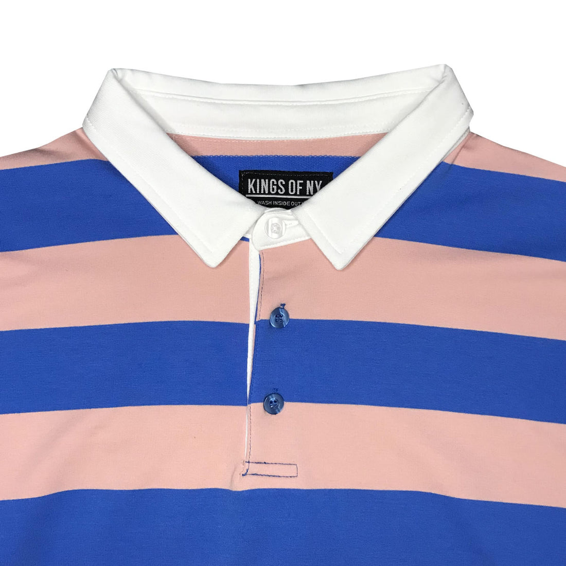 Pink And Blue Striped Mens Long Sleeve Rugby Shirt Collar