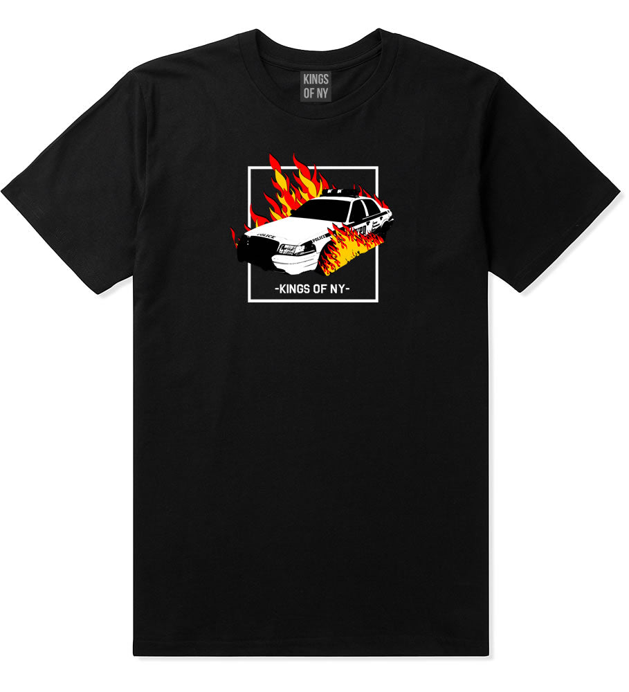 Police Car On Fire Mens T-Shirt Black