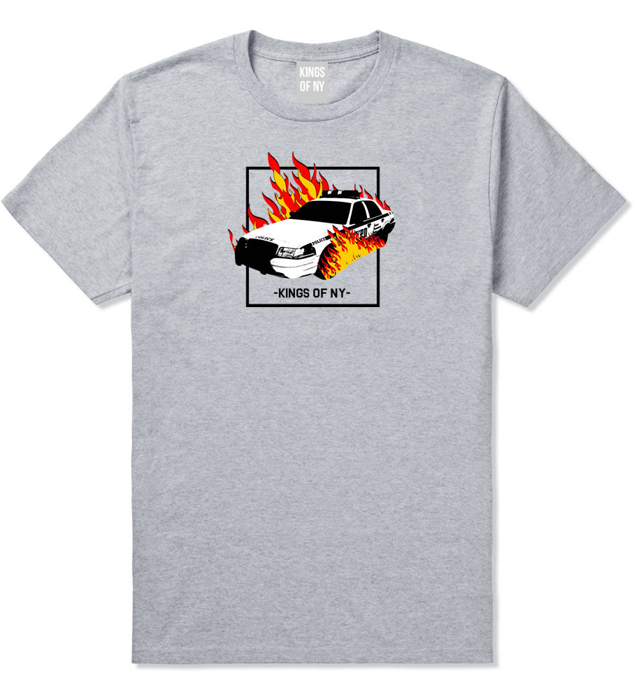 Police Car On Fire Mens T-Shirt Grey