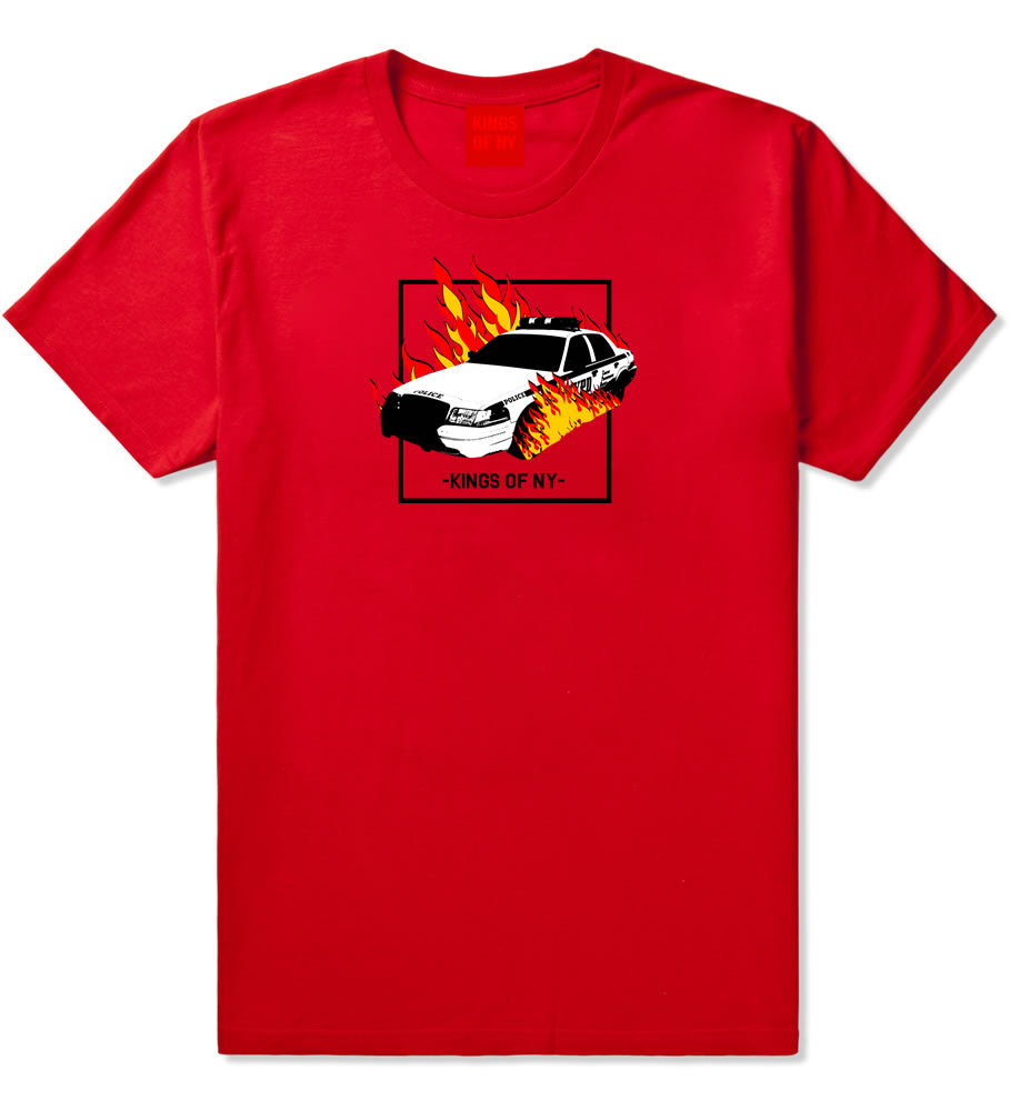Police Car On Fire Mens T-Shirt Red