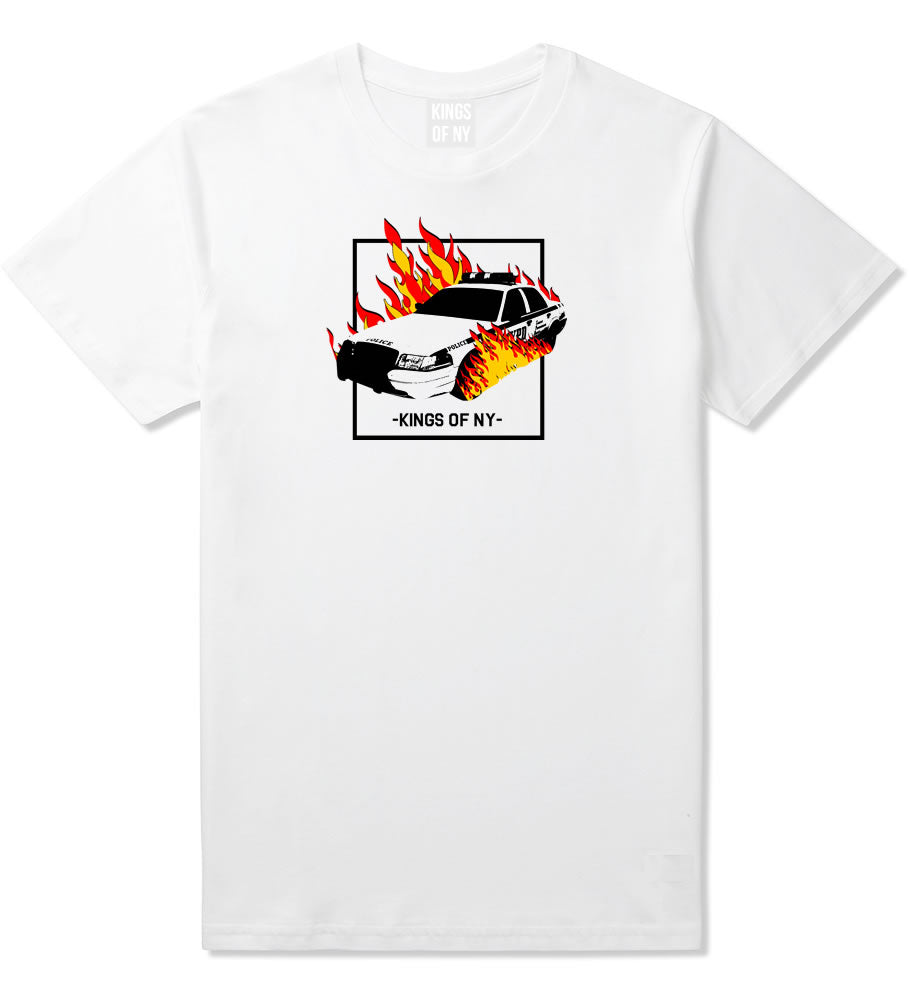 Police Car On Fire Mens T-Shirt White