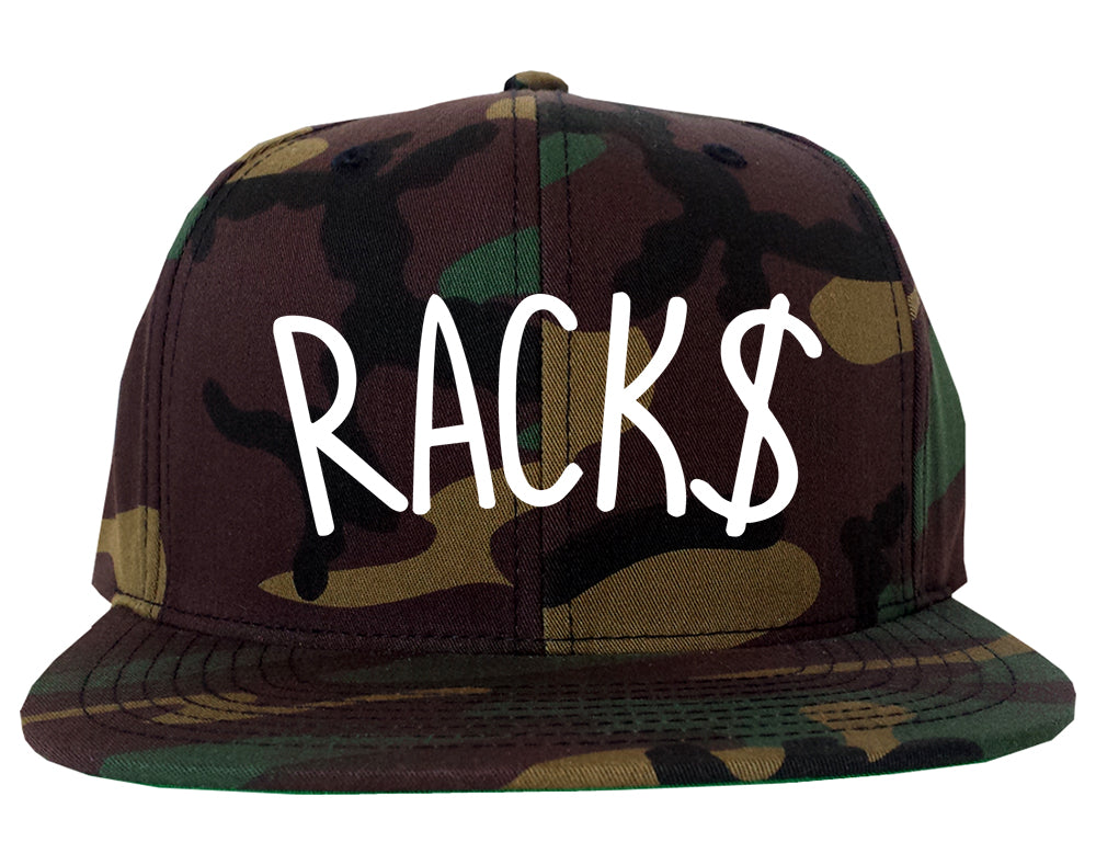 Racks Money Sign Mens Snapback Hat Green Camo