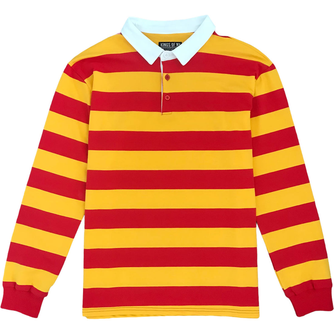 Red And Yellow Striped Mens Long Sleeve Rugby Shirt