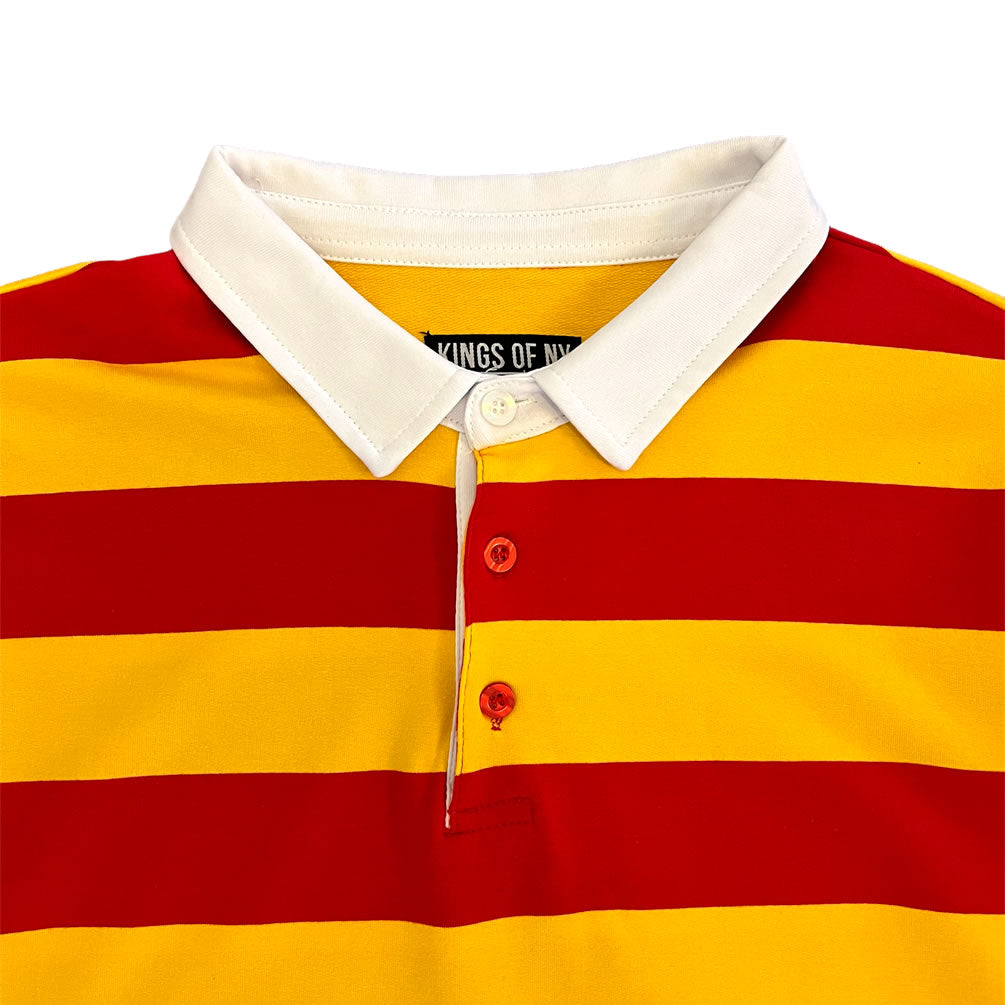 Red And Yellow Striped Mens Short Sleeve Rugby Shirt Detail