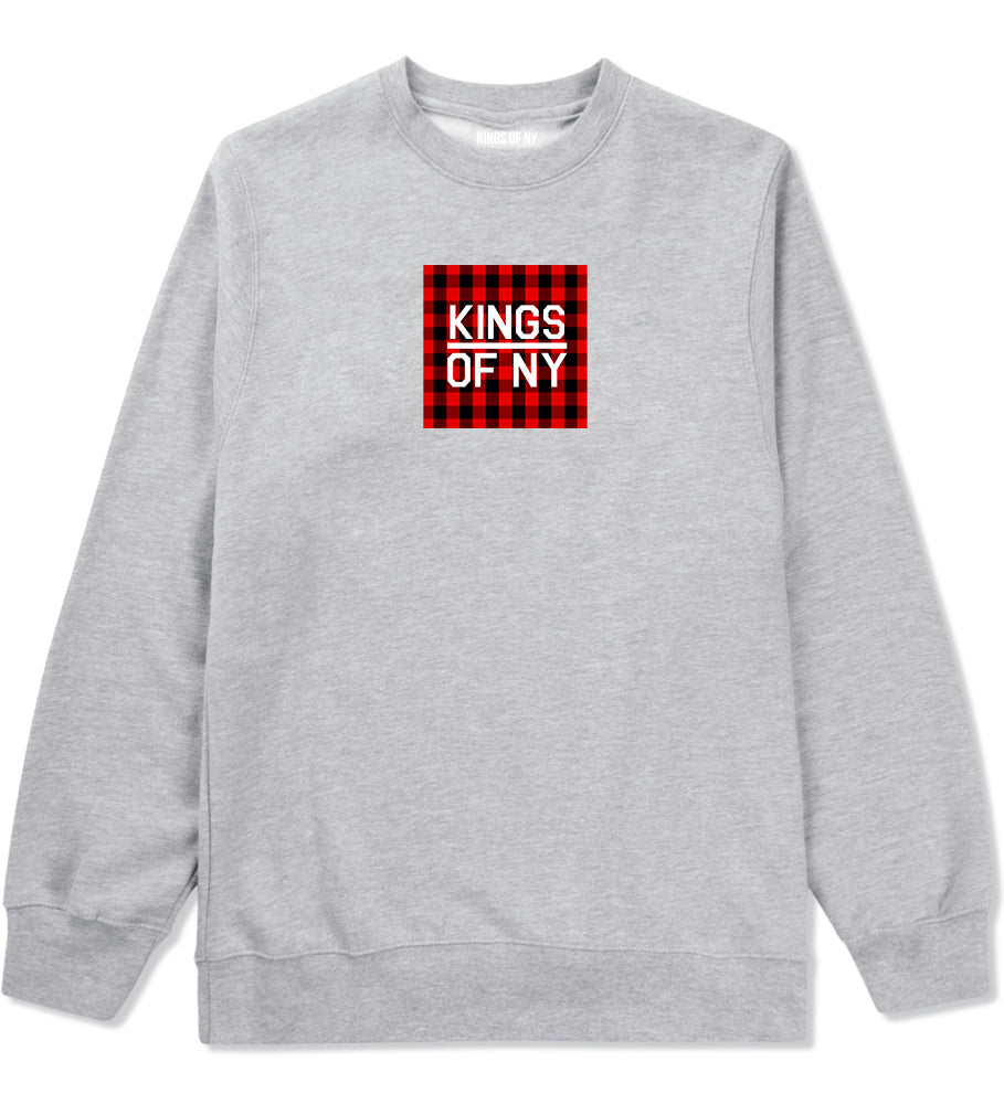 Red Buffalo Plaid Box Logo Mens Crewneck Sweatshirt Grey by Kings Of NY