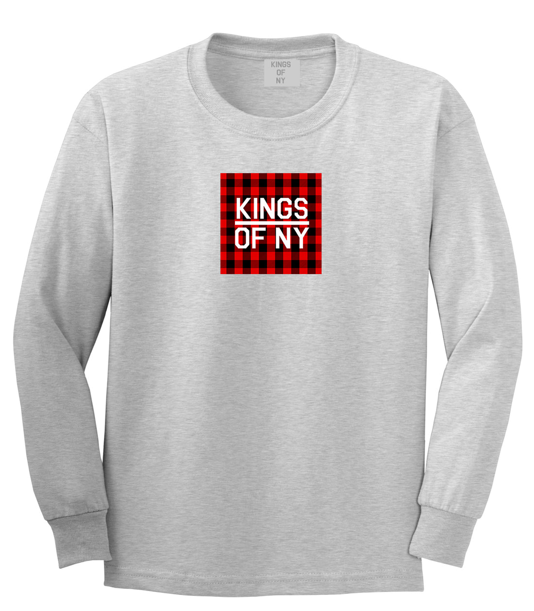 Red Buffalo Plaid Box Logo Mens Long Sleeve T-Shirt Grey by Kings Of NY