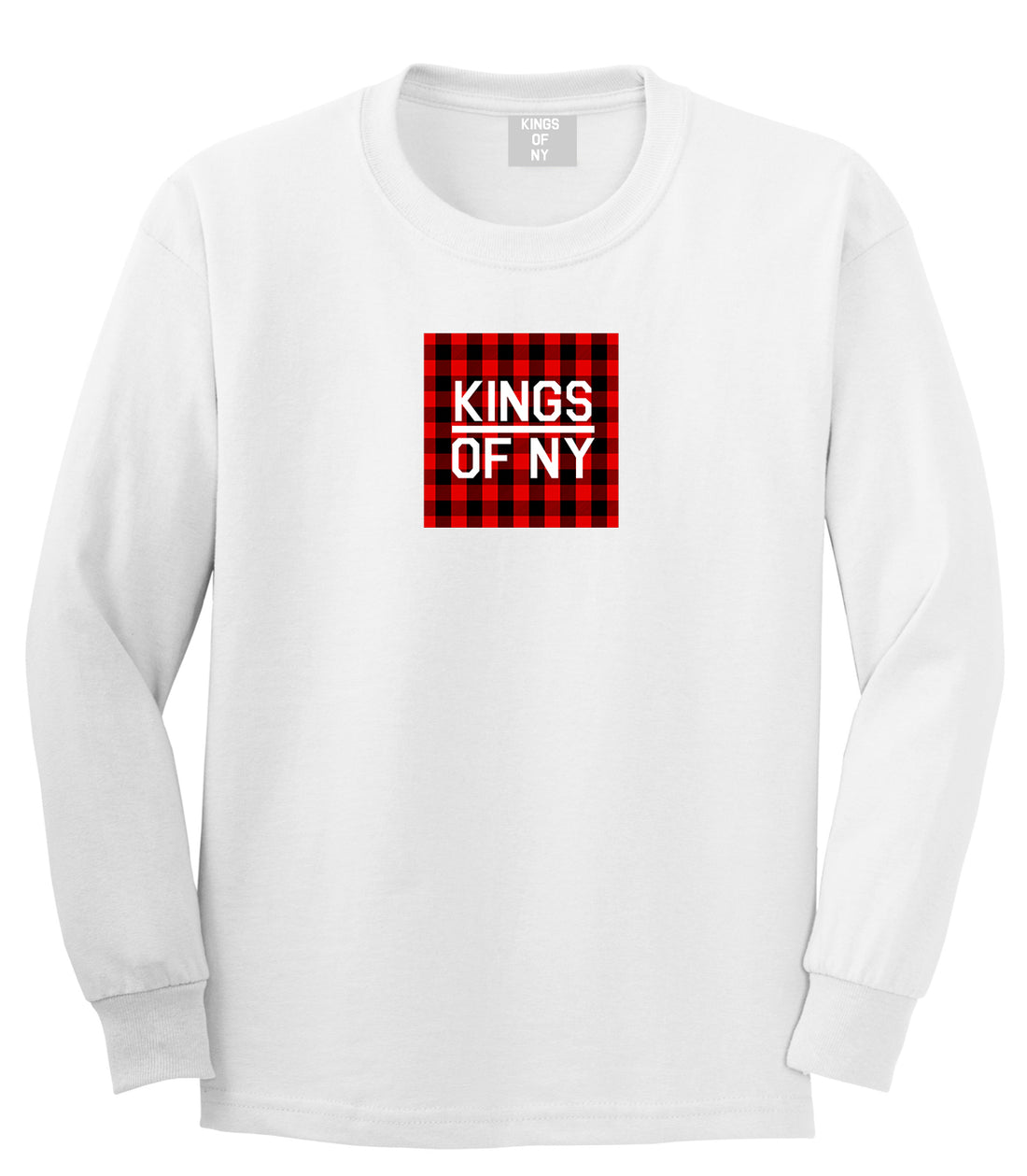 Red Buffalo Plaid Box Logo Mens Long Sleeve T-Shirt White by Kings Of NY