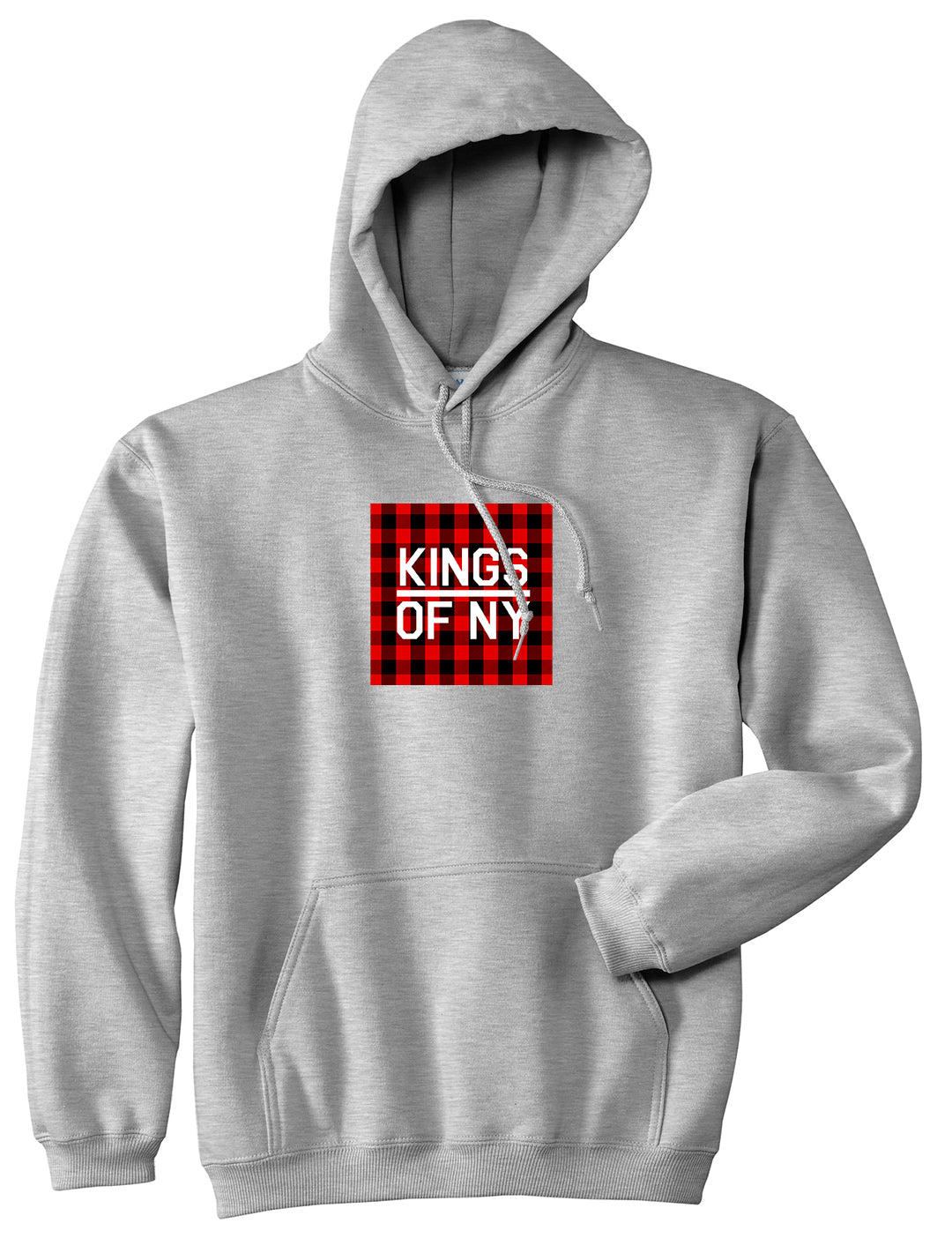 Red Buffalo Plaid Box Logo Mens Pullover Hoodie Grey by Kings Of NY