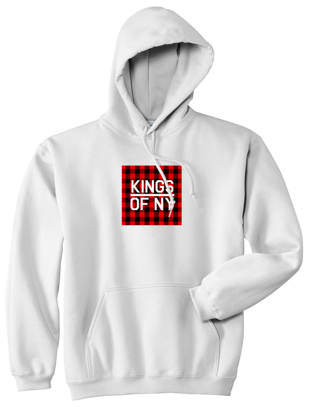 Red Buffalo Plaid Box Logo Mens Pullover Hoodie White by Kings Of NY