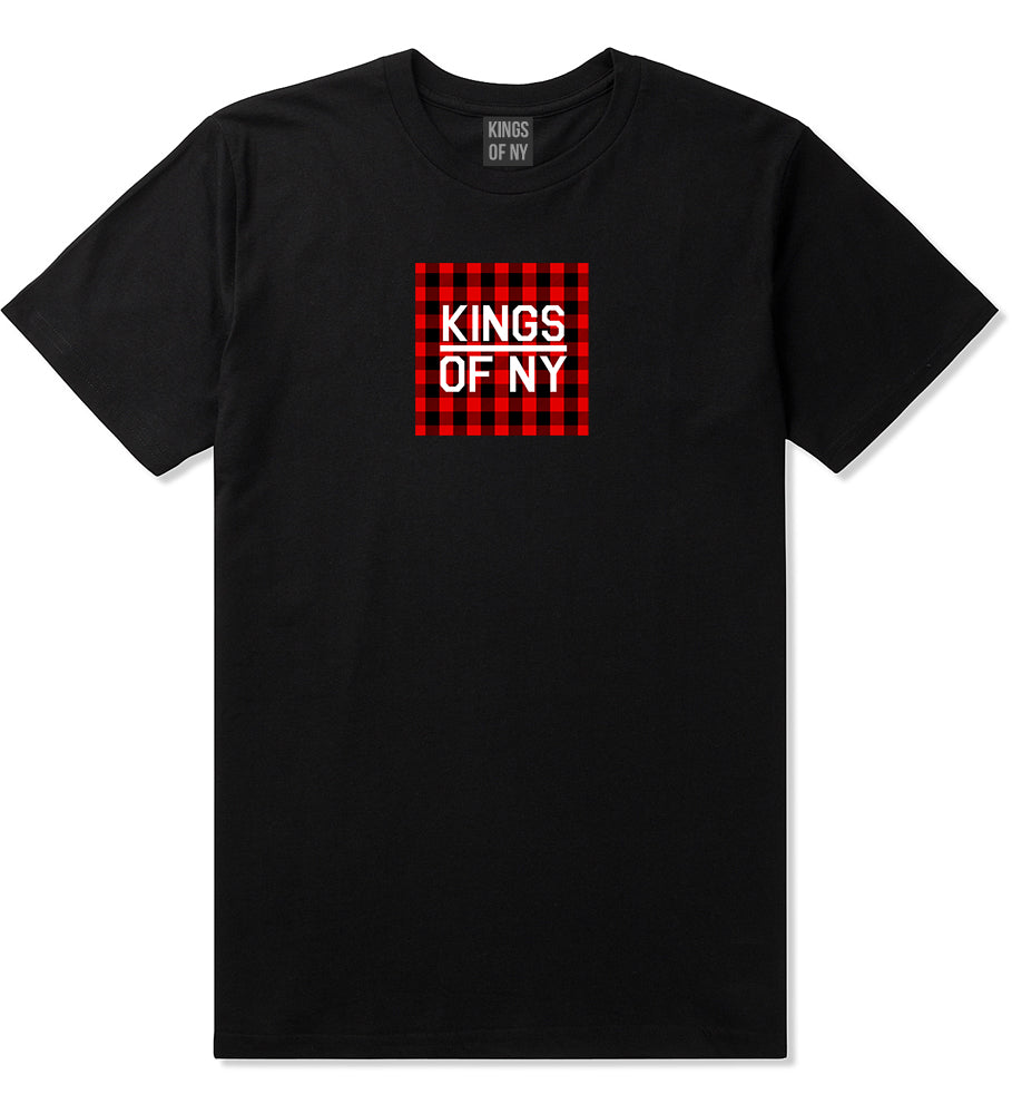 Red Buffalo Plaid Box Logo Mens T-Shirt Black by Kings Of NY