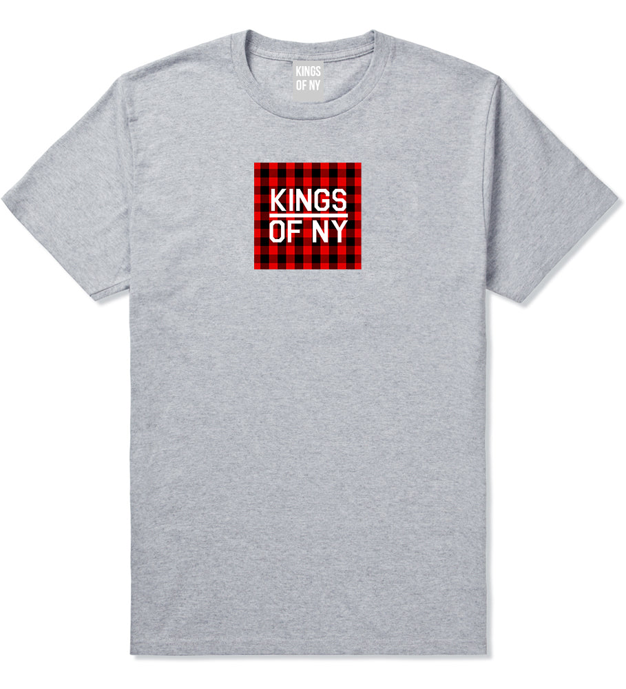 Red Buffalo Plaid Box Logo Mens T-Shirt Grey by Kings Of NY