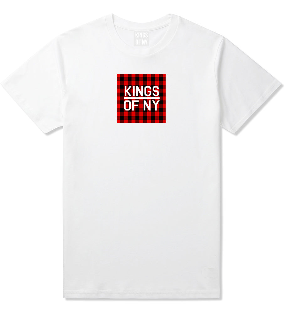 Red Buffalo Plaid Box Logo Mens T-Shirt White by Kings Of NY