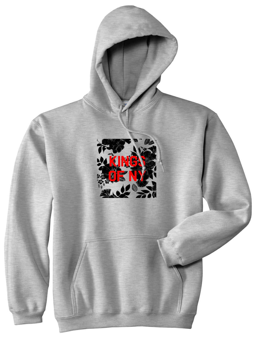 Red Floral Box Logo Mens Pullover Hoodie Grey
