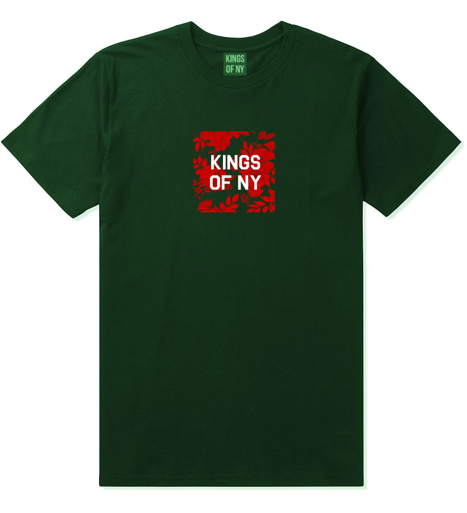 Red Floral Box Logo Mens T-Shirt Forest Green