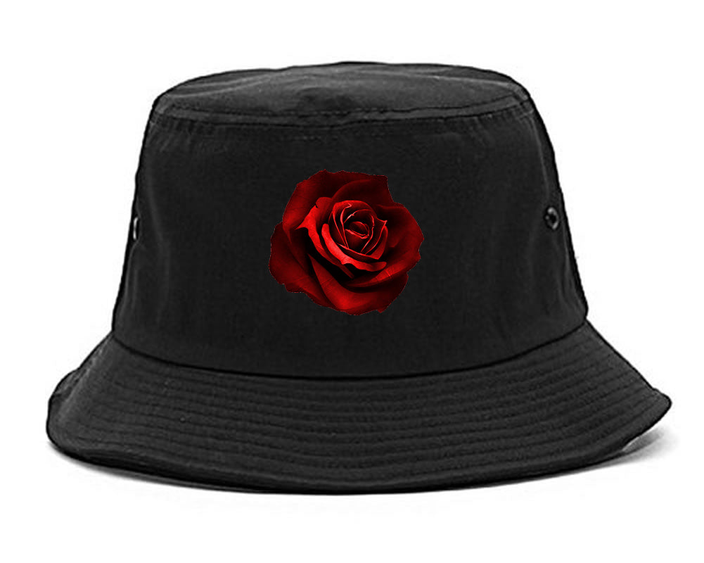 Red_Rose_Pattern Black Bucket Hat