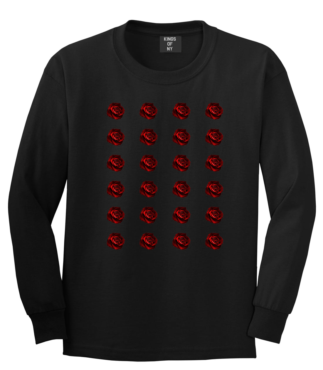 Red Rose Pattern Long Sleeve T-Shirt in Black