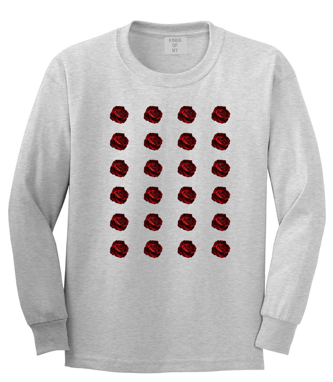 Red Rose Pattern Long Sleeve T-Shirt in Grey