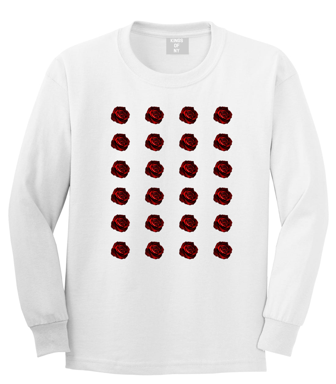 Red Rose Pattern Long Sleeve T-Shirt in White
