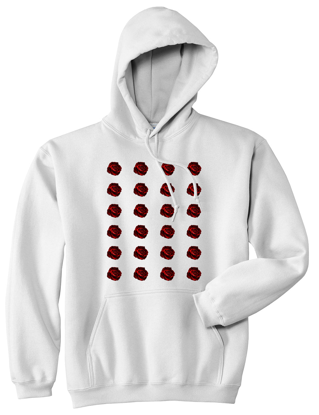 Red Rose Pattern Pullover Hoodie in White