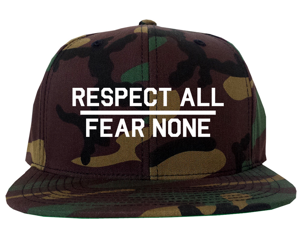 Respect All Fear None Mens Snapback Hat Camo