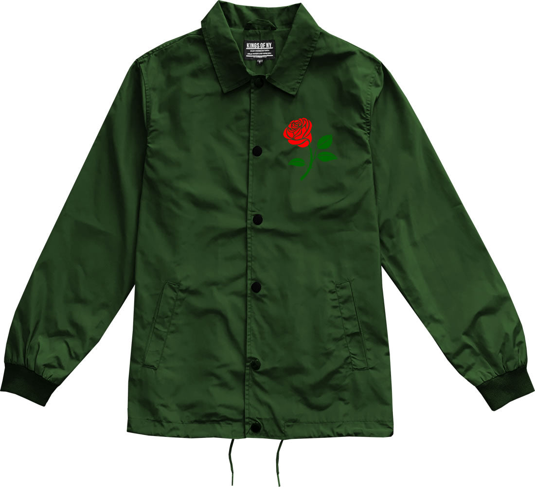 Single Red Rose Mens Coaches Jacket Forest Green Front