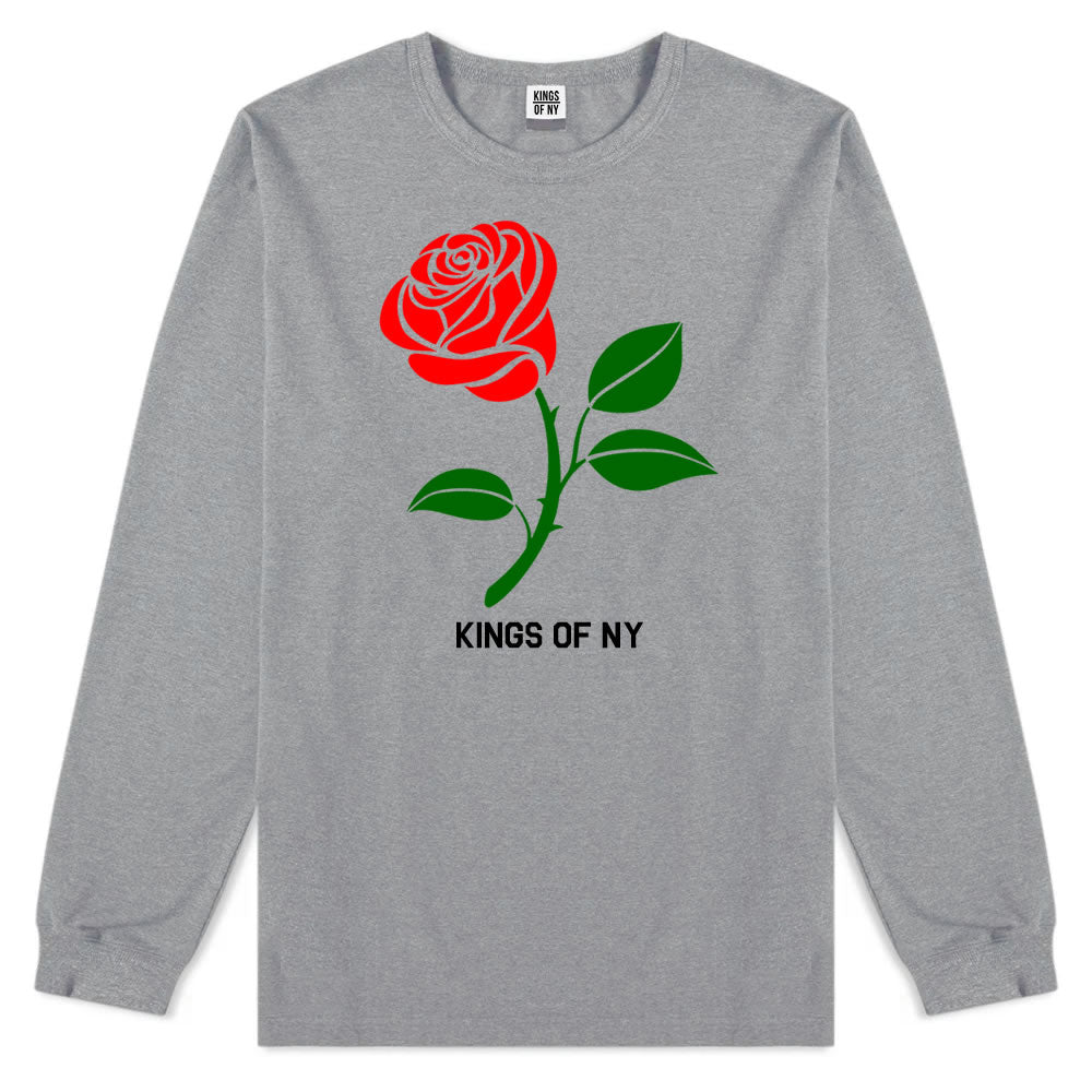 Single Red Rose Mens Long Sleeve T-Shirt Grey By Kings Of NY