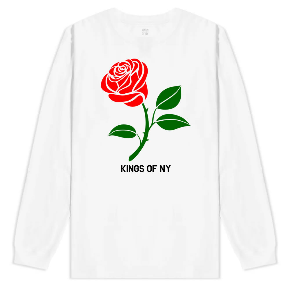Single Red Rose Mens Long Sleeve T-Shirt White By Kings Of NY