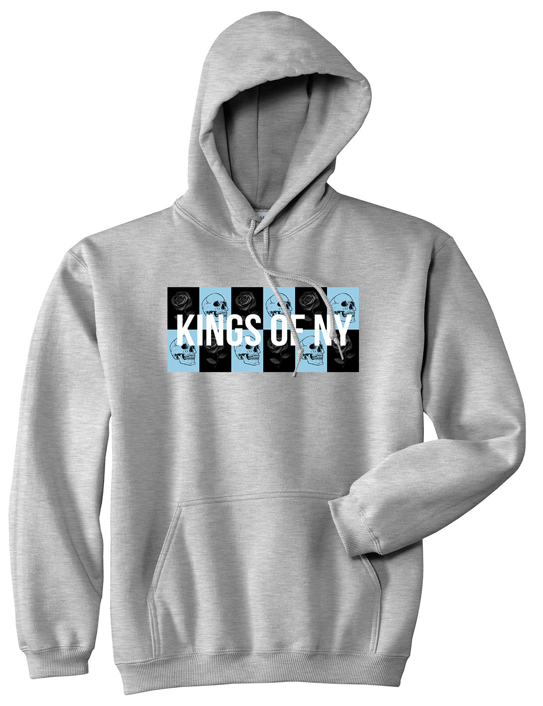 Skull And Rose Box Logo Mens Pullover Hoodie Grey by Kings Of NY