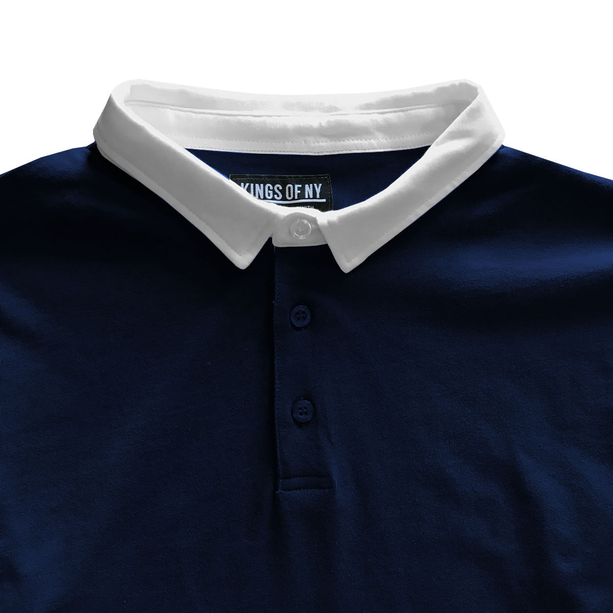 Solid Navy Blue with White Collar Mens Long Sleeve Polo Rugby Shirt KINGS OF NY