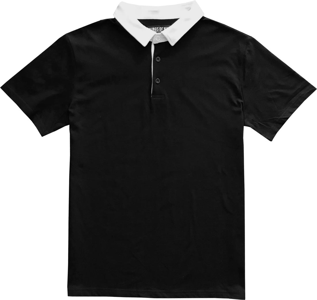 Kings of NY Solid Black with White Collar Mens Long Sleeve Polo Rugby Shirt X-Large / Black