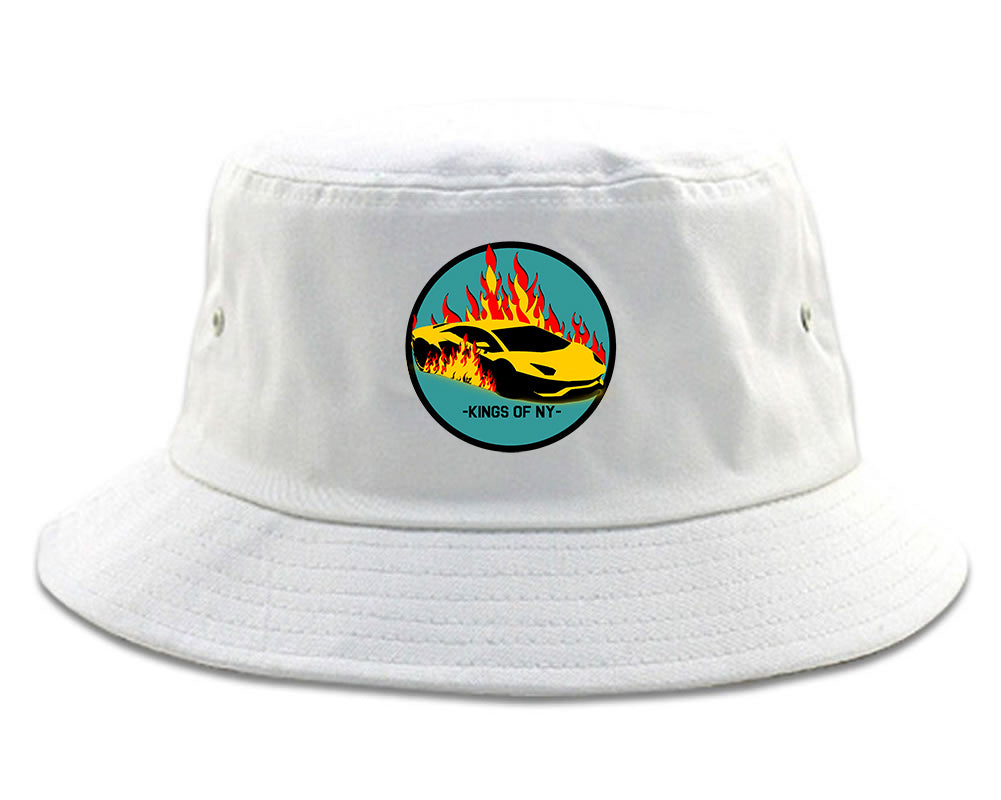 Sports Car In Flames Mens Bucket Hat White