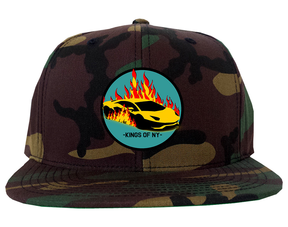 Sports Car In Flames Mens Snapback Hat Army Camo