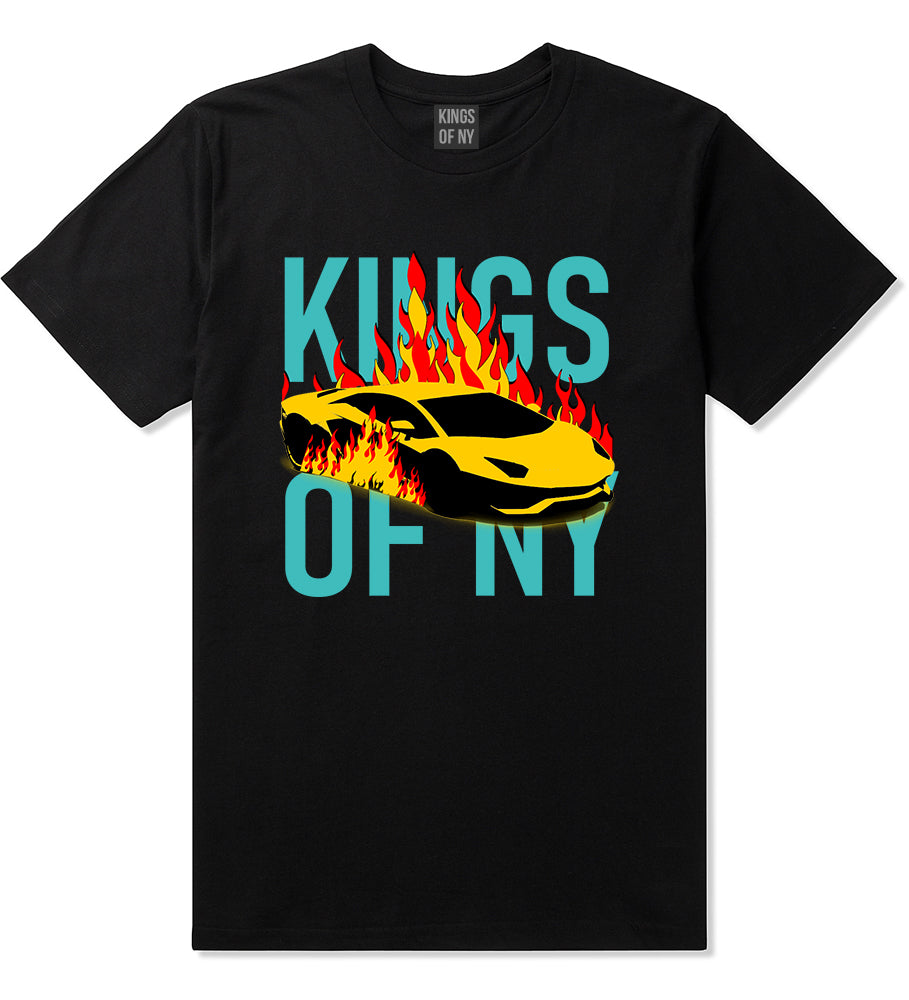 Sports Car In Flames Mens T-Shirt Black