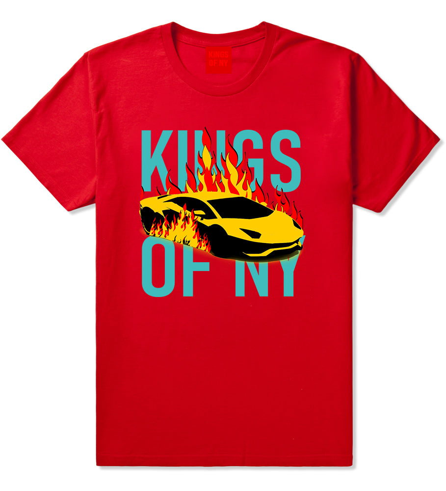 Sports Car In Flames Mens T-Shirt Red